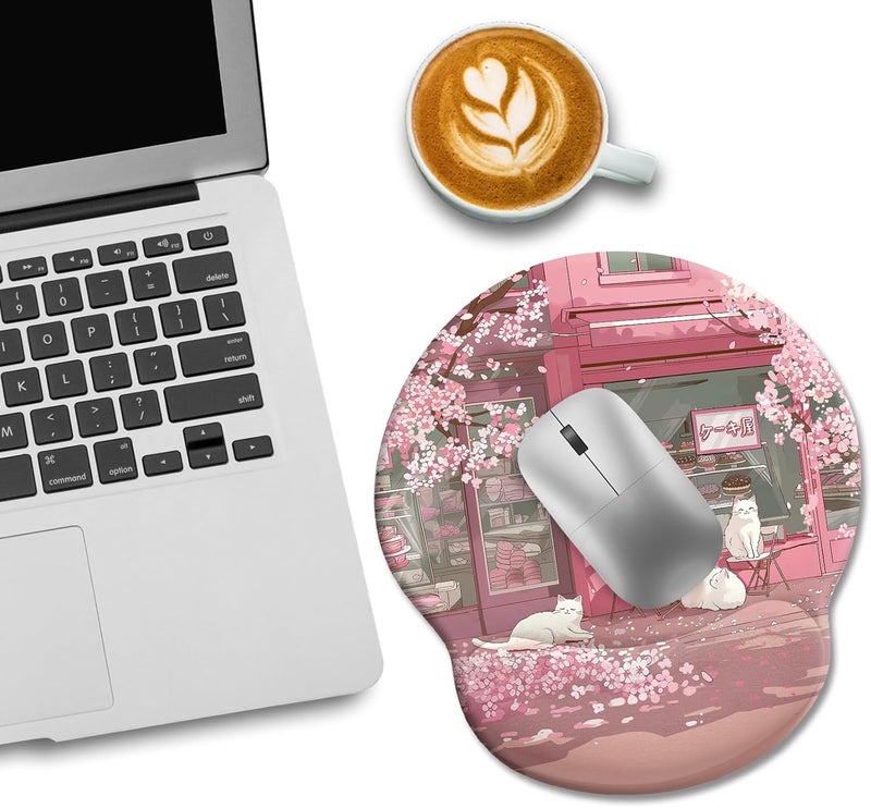 LIMKRIAN Cat Ergonomic Mouse Pad with Wrist Rest, Pink Cherry Blossom Computer Mouse Pad Wrist Support with Non-Slip Pain Relief PU Base, Cute Office Desk Decor Accessories Japanese Dessert House - Image 2